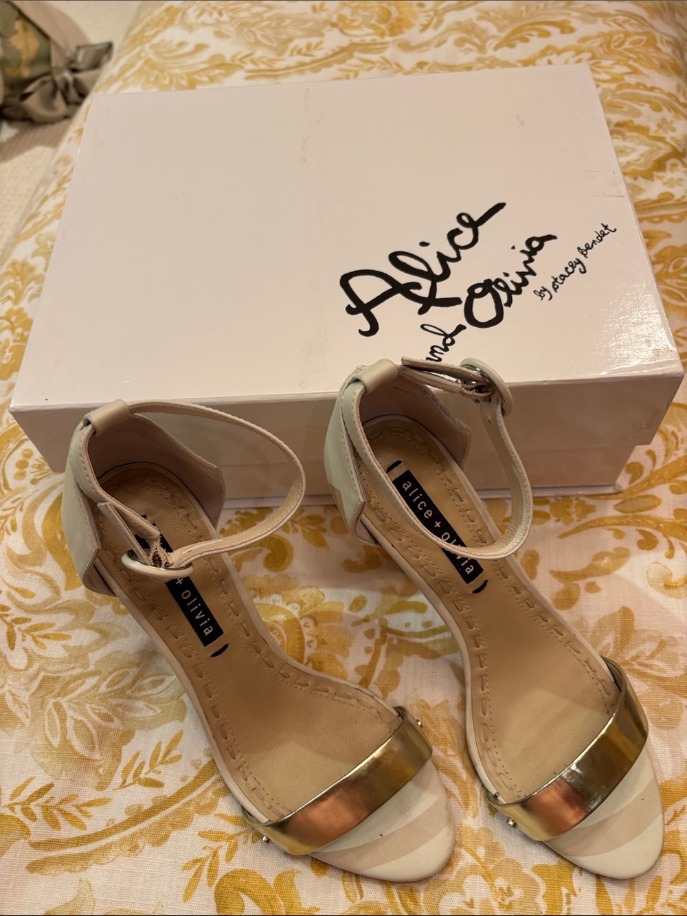 Alice + Olivia Cream and Gold Ankle-Strap Heels